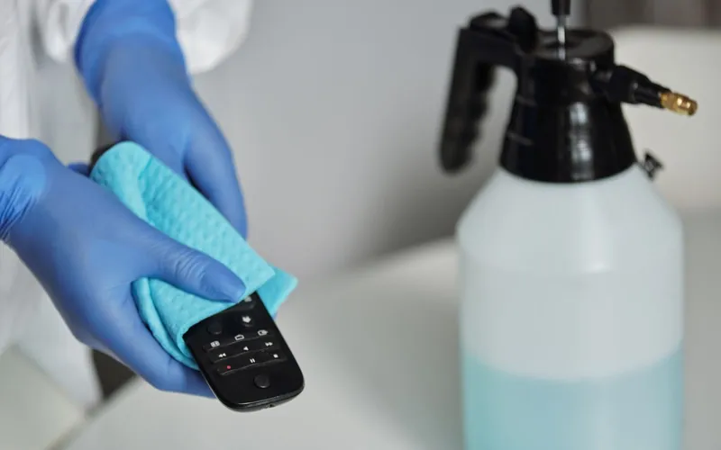 Gloved hand disinfecting a shared touchpoint with professional products